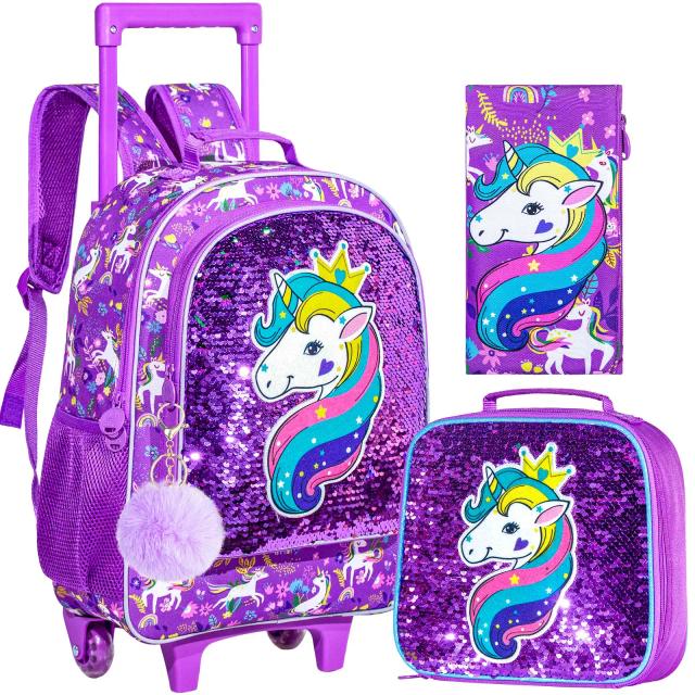 Mochila Rolante Infantil com Lancheira e Caneta Unicórnio, Design Brilhante em 3 Peças