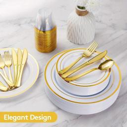 Conjunto De Louça Dourada Para Festas e Casamentos, Placas De Plástico, Placas De Salada, 10 Colheres, 10 Garfos, 10 Copos, 10 Copos - Image 3