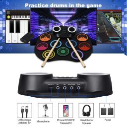 Conjunto de Tambor Elétrico Portátil com Luzes Coloridas, Kit de Almofadas Embutidas, Tela de Exibição LED, 2 Bastão de Tambor e Pedal, 9 Almofadas - Image 5