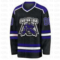 Jersey de hóquei personalizado para homens e mulheres, preto, roxo-branco, impressão 3D, nome, número, juventude, treinamento de competição - Image 2