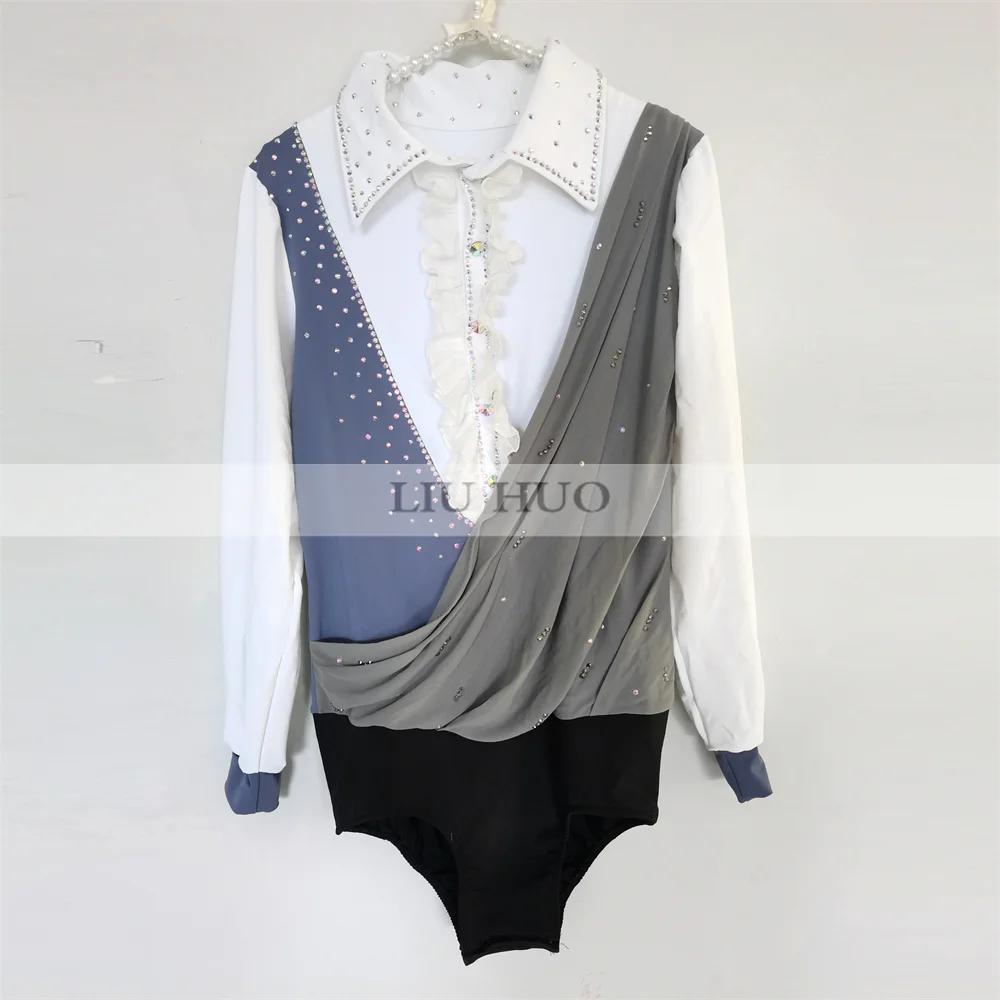 Camisola de patinação artística LIUHUO para homens e crianças, traje de performance no gelo, manga longa competição Collant de dança, rolo cinza branco, para meninos - Image 1