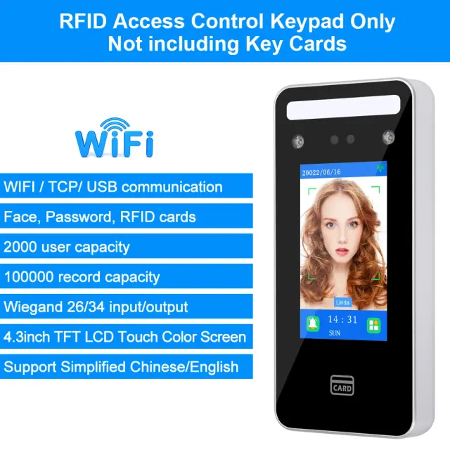 Controle de Acesso WiFi Facial RFID com Teclado de 4.5", Reconhecimento Dinâmico e Biometria para Empregados, Sistema de Fechadura Inteligente.