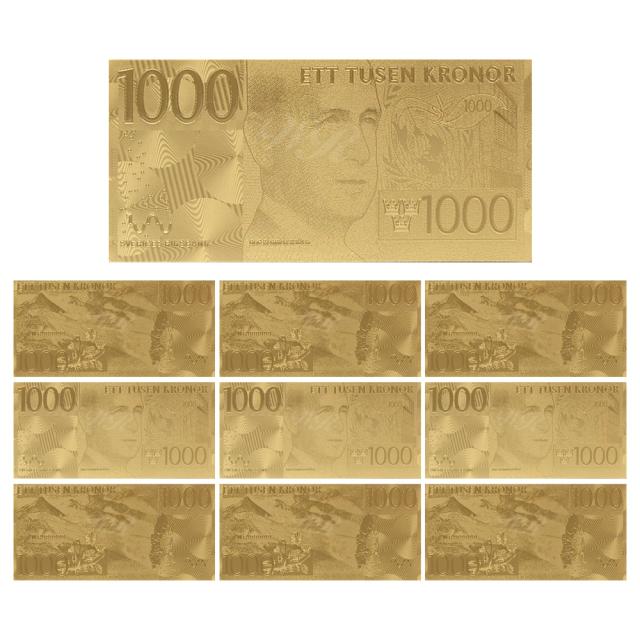 Conjunto com 10 Notas de 1000 Coroas da Suécia em Ouro - Dinheiro Comemorativo Perfeito para Colecionadores e Presentes.