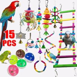 Conjunto de brinquedos para pássaros, combinação de papagaio, escada de brinquedo, anel de bola takraw, sino colorido, conjunto de anel de brinquedo para pássaros, 7/10/15 peças - Image 3