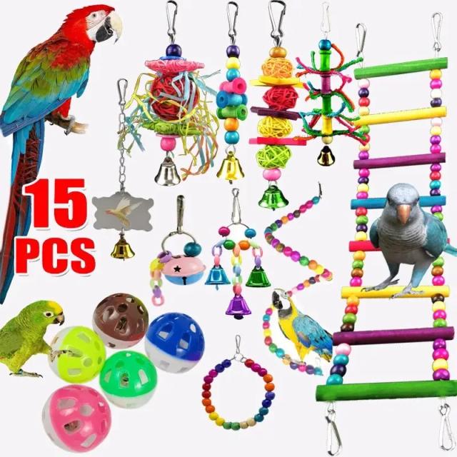 Conjunto Diversificado de Brinquedos para Pássaros com Papagaio, Escada, Sino Colorido e Anéis, 7 a 15 Peças