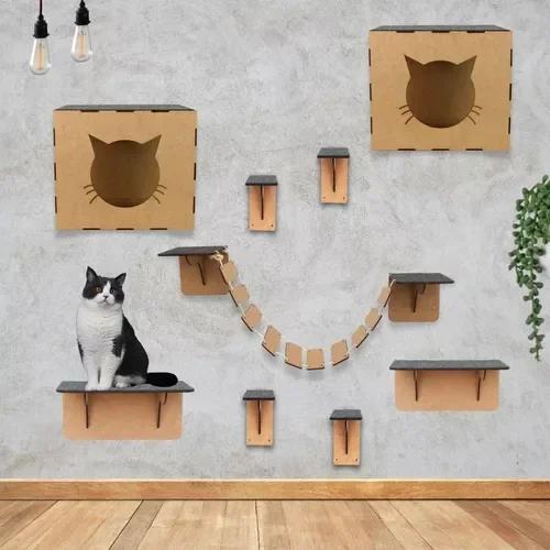 Playground Colorido para Gatos com Portas, Trilhos, Escadas, Rampas e Saco de Pancadas Monkey King - Kit com 9 Peças