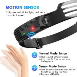 COB LED Lâmpada Cabeça de Indução, Bateria Embutida, USB Recarregável, Lanterna, Ao Ar Livre, Acampamento, Pesca, Farol Sensor - Image 4