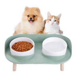 Gato duplo tigela de segurança com suporte de madeira e esteira de silicone gatinho filhote de cachorro alimentos alimentação de água elevada prato suprimentos de cão à prova de derramamento - Image 1