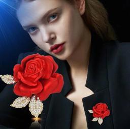 Broches de flor de strass rosa vermelha para mulheres, buquê elegante, bowknot, alfinetes de lapela - Image 3
