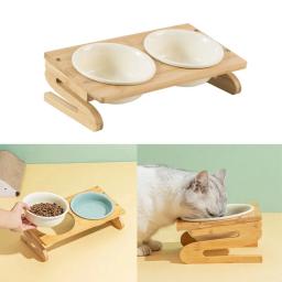 Suporte de bambu durável para animais de estimação Alimentador antiderrapante para cães Tigela de comida de gato Prato de cerâmica Alimentador de animais de estimação levantado inclinado - Image 4