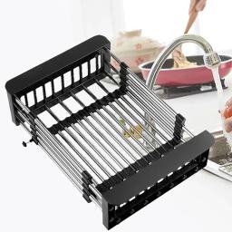 Escorredor de prato de aço inoxidável ajustável, telescópico Drain Rack, Organizador de cozinha de frutas e legumes, perfeito - Image 1