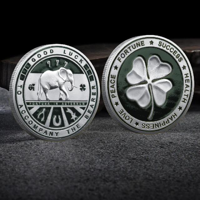 Coleção Lucky Four Leaf Clover: Moedas Comemorativas de Elefante em Metal Laca e Ouro