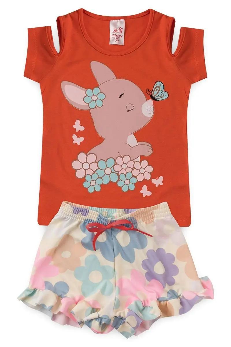 Conjunto Infantil Menina Coelho E Borboleta Shorts Flor Babadinho - Image 1