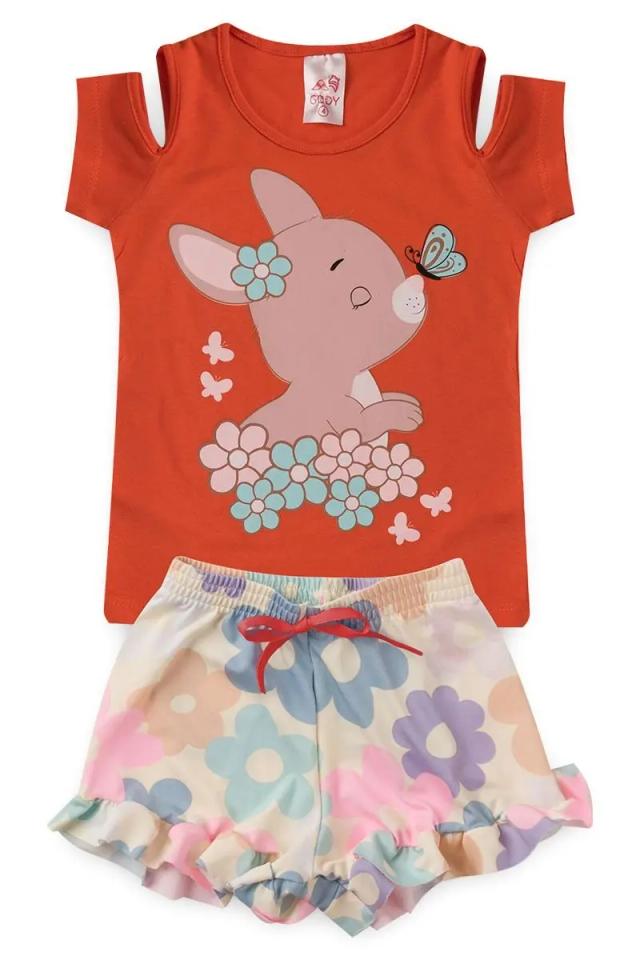 Conjunto Infantil para Menina com Estampa de Coelho e Borboleta - Shorts com Detalhes em Babadinho