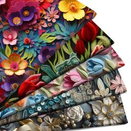 Cat 3D Floral Imitação Bordado Tecido, Poliéster Impresso, Puro Algodão, Patchwork, Costura, Quilt, Bordado Pano, 50x145cm - Image 1