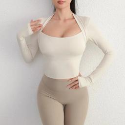 Almofada de peito fitness esportes topo feminino camisas de manga longa pra acelerar curto elegante dança yoga roupas pequena cintura ginásio - Image 6