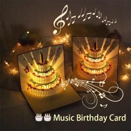 Cartão de aniversário com música leve 3D, bolo pop up, cartão criativo, festa de feliz aniversário, presente, cartões de mensagem - Image 1