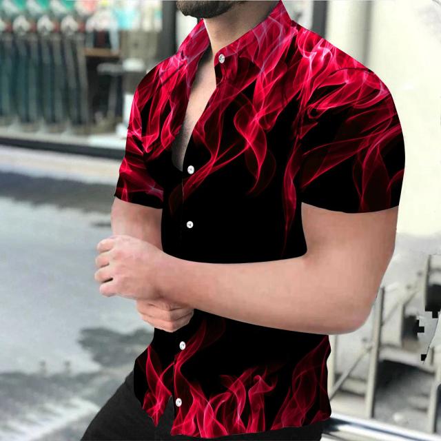Camisa solta de manga comprida masculina, chama impressão 3D, tops grandes, botão respirável, moda casual, nova, verão