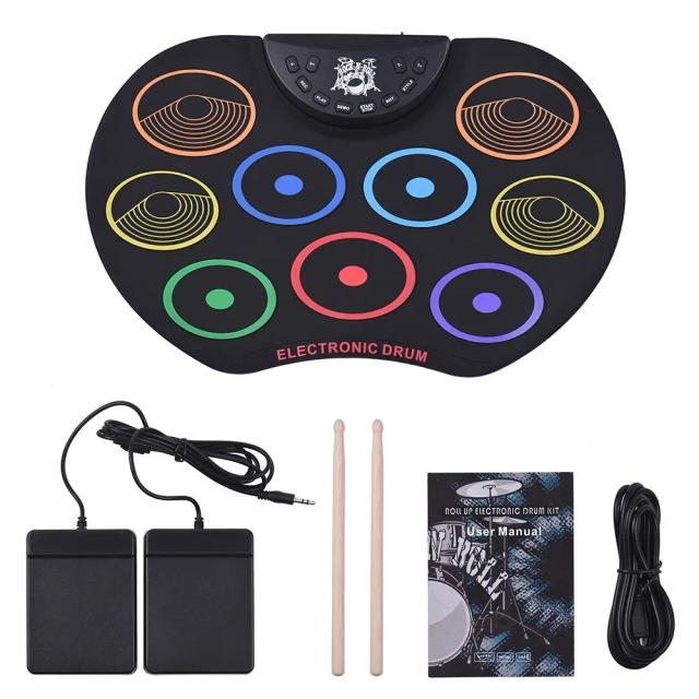 Bateria Infantil Estéreo Eletrônica USB Portátil com Pedal e Apoio para os Pés