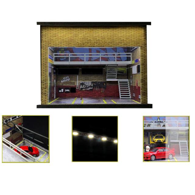 Diorama de Garagem de Carro com Luzes LED: Conjunto Modelos DIY para Estacionamento em Miniatura 1:64 que Combina com Cidades