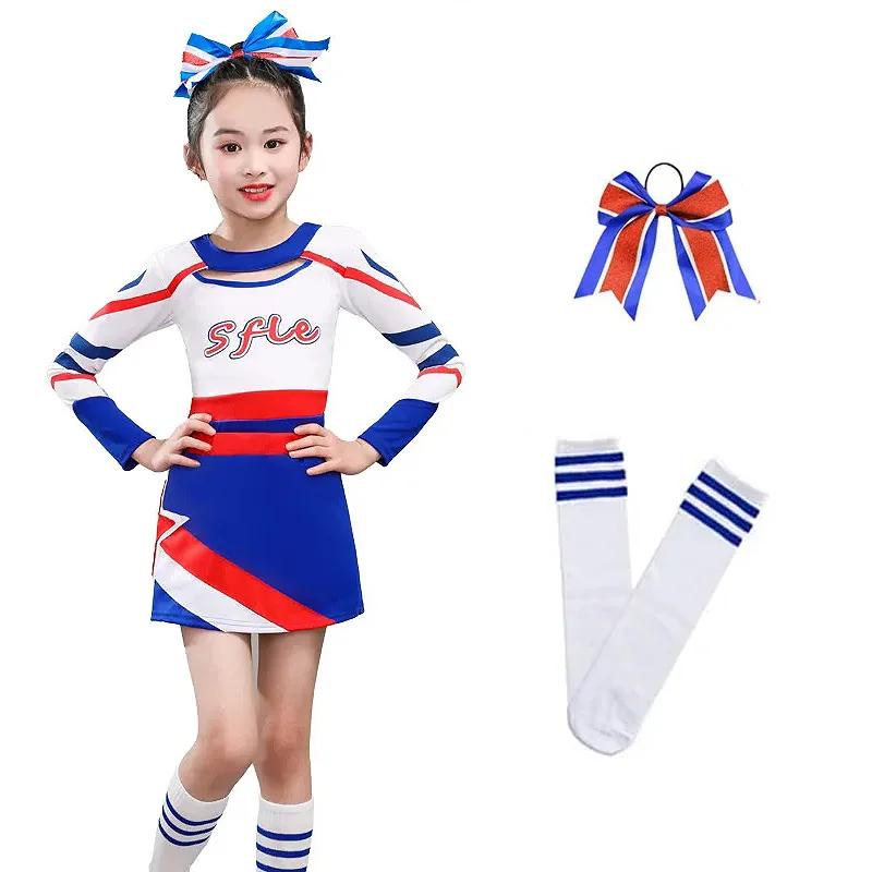 Fato de torcida azul manga comprida feminino, roupa de dança cheerleader, estilo retalhamento decote redondo, uniforme pompons para crianças, menina - Image 1