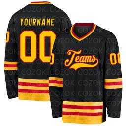 Jersey de hóquei em gelo personalizado para homens e mulheres, camisas de treinamento de competição, 3D imprime seu nome e número, preto e dourado - Image 4
