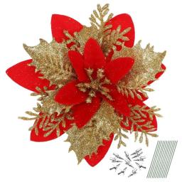Poinsétia Artificial Flores com Clipes Hastes, Árvore De Flores De Natal, Ornamentos Pendurados, Decoração Da Festa, Glitter, 8Pcs - Image 2