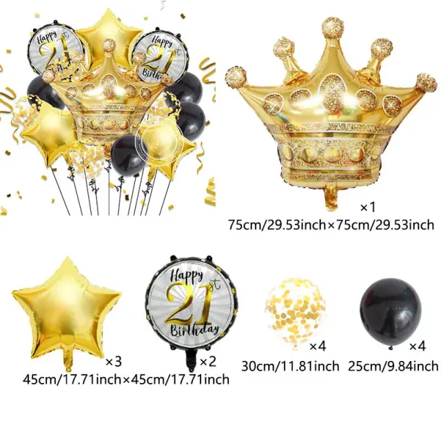 Decoração Elegante para Aniversários de Adultos: Conjunto de 14 Peças com Coroa Grande e Balões Estelares em Preto e Dourado para Idades de 21 a 60 Anos