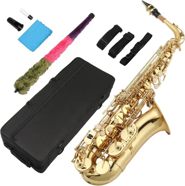 Saxofone Alto Eb Lacado em Ouro com Case Strap - Instrumento Profissional de Sopro E Flat
