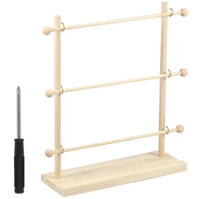 Organizador de Fitas em Madeira com Rack de Armazenamento e 2 Ganchos - Suporte de Carretel para Artesanato em 4 Camadas