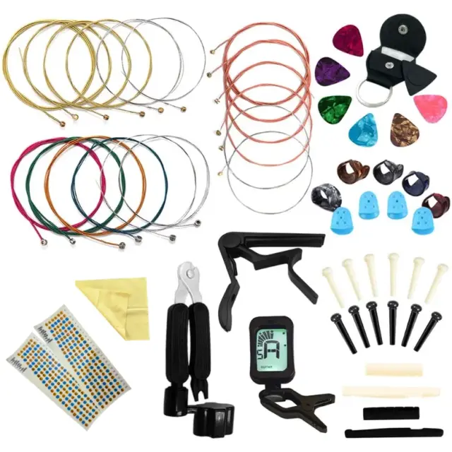 Conjunto Completo de Acessórios para Violão: Cordas Acústicas, Afinador, Capo, Ferramenta 3 em 1, Clip para Palheta, Pino de Ponte, Porca e Saddle, Protetor de Dedos
