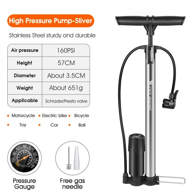 Bomba de Bicicleta West Biking 160psi com Medidor de Alta Pressão para MTB e Estrada, Inclui Inflator de Bola e Conexão Presta/Schrader