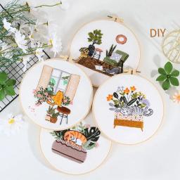 Bordado Starter Kit com Padrões e Instruções, DIY Adulto Iniciante, Ponto Cruz com Padrão de Planta, Gato - Image 2