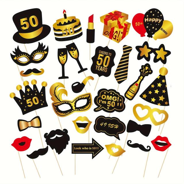 Conjunto de Adereços para Aniversário Universal Preto e Dourado com 30 Peças Refinadas para sua Festa