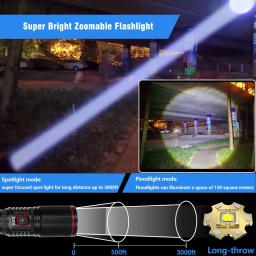 USB recarregável lanterna led, alta potência, zoom tocha tática, caça ao ar livre, pesca, caminhada, lanterna de emergência, camping, 300w - Image 2