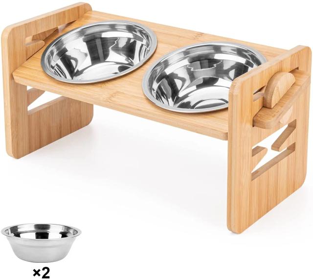 Tigelas de Bambu Elevadas Ajustáveis para Cães, Gatos e Pequenos Animais com Suporte Ideal para Comida e Água