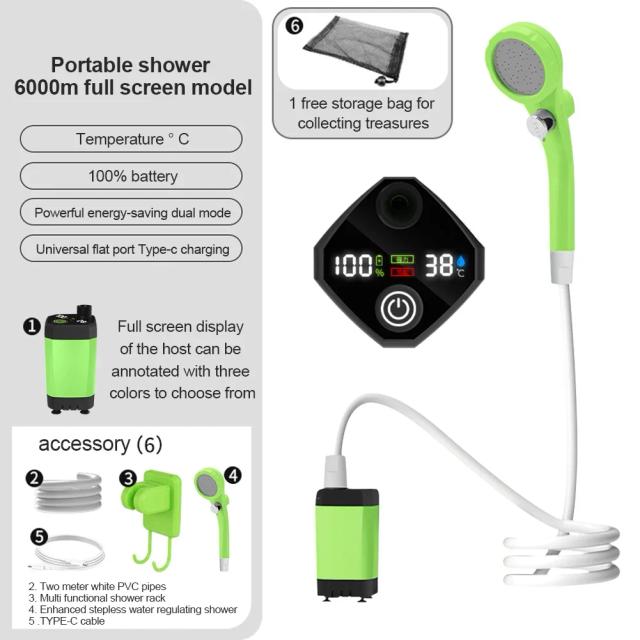 Bomba de Chuveiro Portátil para Camping Recarregável USB 4800mAh Impermeável IPX7 Ideal para Viagens e Rega de Pets