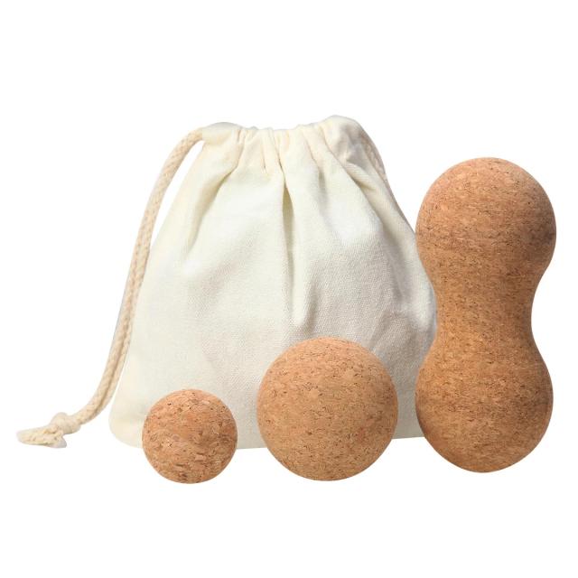 Conjunto Bola Massagem Cortiça Natural Yoga Fitness 3 Peças