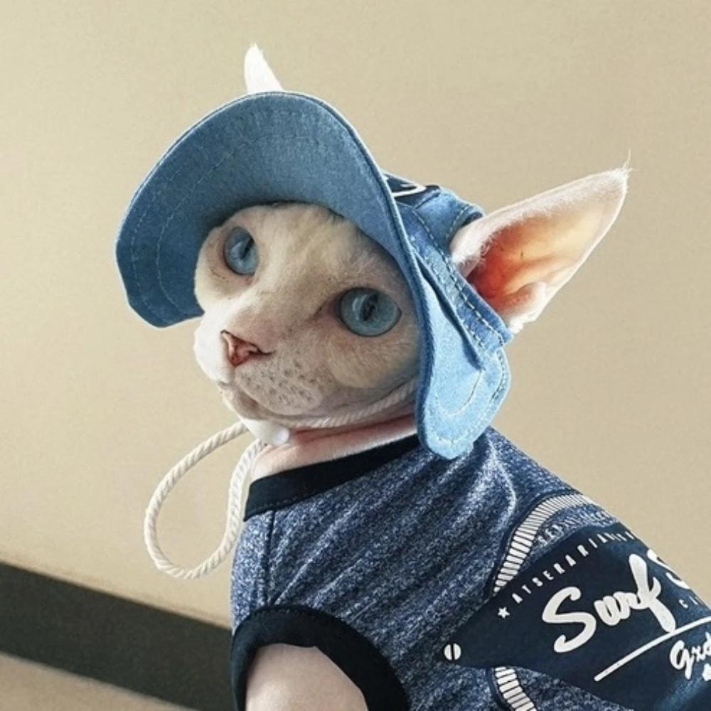Chapéu de Protetor Solar para Spyhnx Gato Pescador de verão Jeans listrados Chapéu Vermelho Azul para Devon Rex Artefato Fotográfico para Gatinhos Pet Suprimentos - Image 1