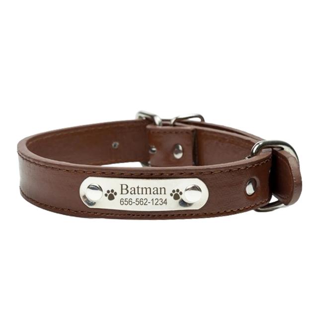 Coleira de Couro PU Personalizada e Durável para Cães de Todos os Tamanhos com Nome e ID Tag Ajustável
