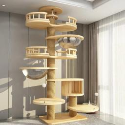Armação de escalada de madeira para gatos Torre de árvore extra grande Arranhador Brinquedo de gatos Móveis de casa de esconderijo Suprimentos de treinamento para gatos 260-270cm - Image 1