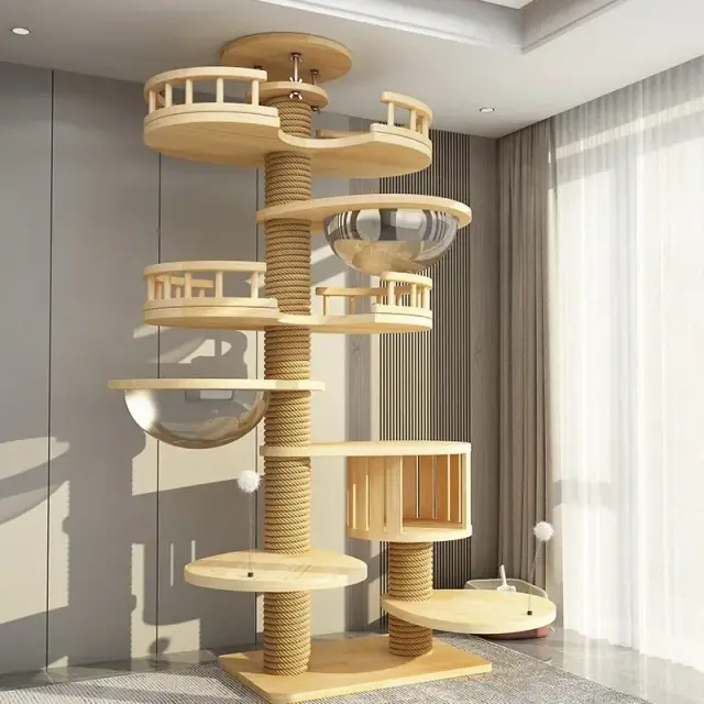 Torre de Árvore Extra Grande de Madeira para Gatos com Arranhador e Brinquedinhos - Móveis de Esconderijo e Treinamento de 260-270cm