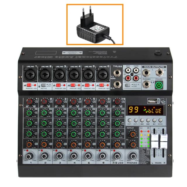 Mixer de Áudio Profissional 6-8 Vias com Bluetooth, USB e Interface de Gravação
