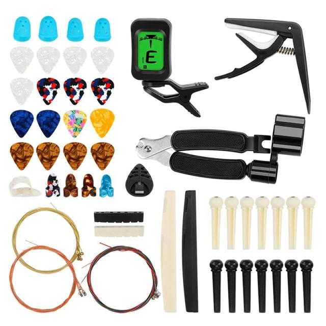 Kit Completo de 65 Peças para Guitarra: Cordas, Sintonizador, Capo, Palhetas e Acessórios Essenciais