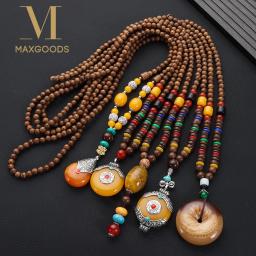 Handmade Nepal Budista Mala Bead Colar Pingente para Mulheres, Pérolas De Madeira Étnica, Presentes Longos De Joalheria - Image 1