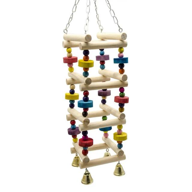 Brinquedo de Escalada Arco-Íris para Pássaros com Sinos e Gaiola de Madeira