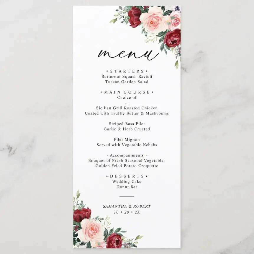 Cartões personalizados do menu do casamento com verdura e floral, menu de tabela personalizado, 5 PCes, 20 PCes, 100 PCes - Image 1