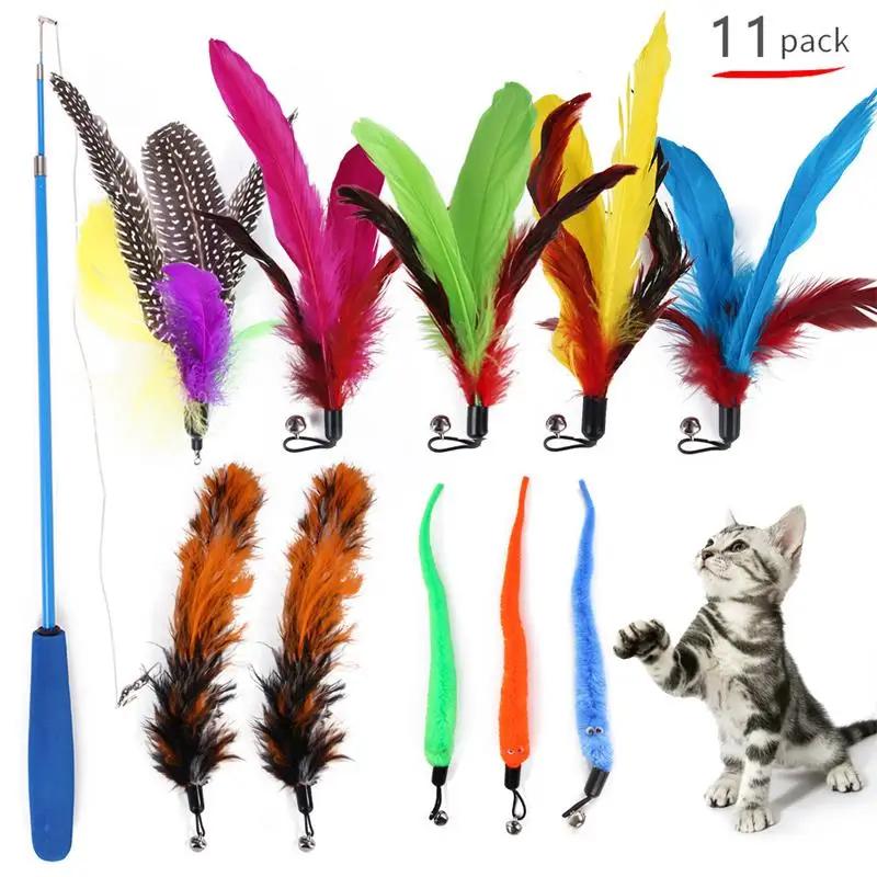 11pcs substituição gato pena brinquedo conjunto pena substituição cabeça retrátil gato vara gato produtos - Image 1