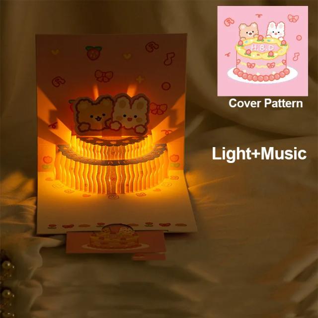 Cartão Pop-Up 3D de Urso Cartoon com Luz e Música para Aniversário - Surpresa Especial em Envelope Decorativo