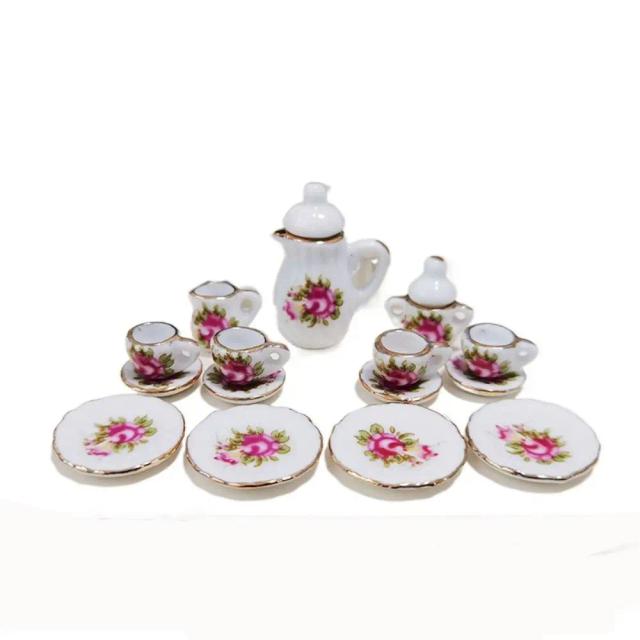 Conjunto de Chá Cerâmica Miniatura 1:12 Porcelana 15 Peças